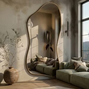Full length irregular mirror with luxury frame leaning in a modern hallway