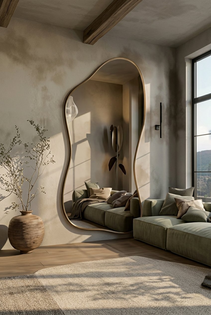Full length irregular mirror with luxury frame leaning in a modern hallway