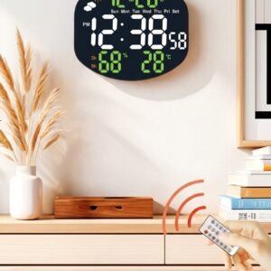 Large digital wall clock showing time, date, temperature and humidity on an LED display