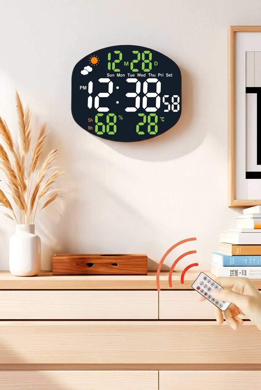 Large digital wall clock showing time, date, temperature and humidity on an LED display