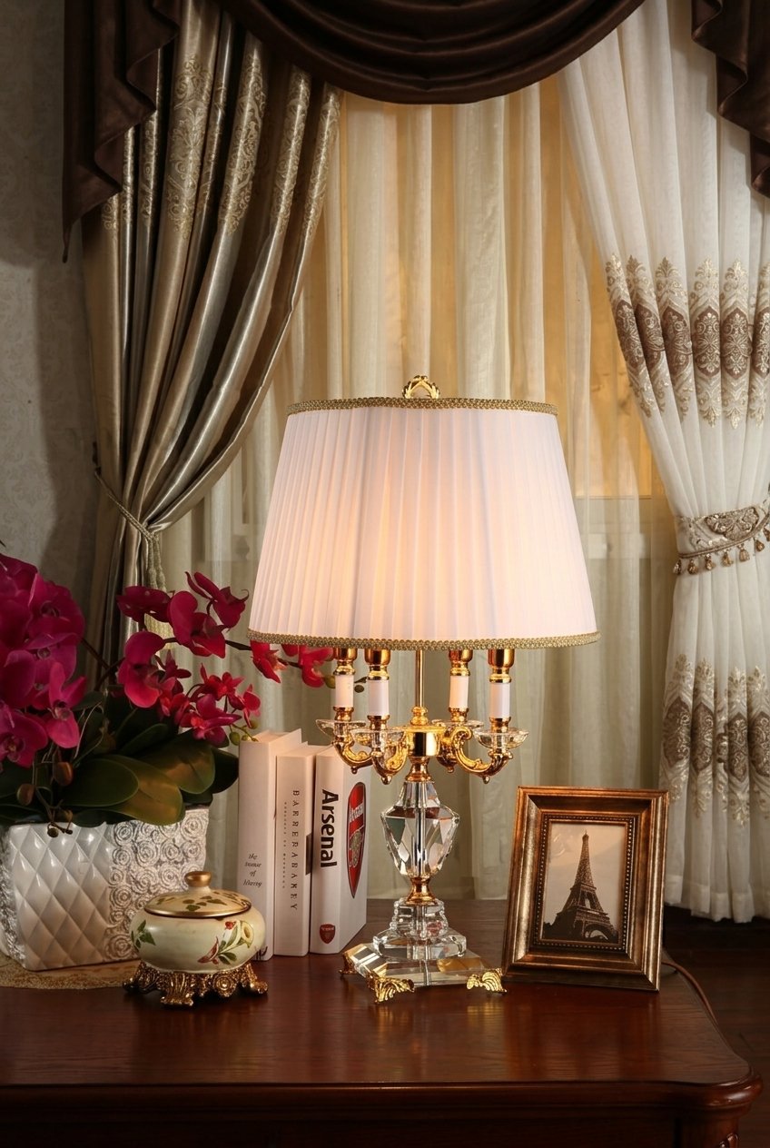 Luxury crystal table lamp glowing on a bedroom nightstand
