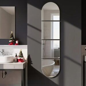 Set of four oval and square acrylic mirror wall stickers arranged as a cluster behind a dining room sideboard