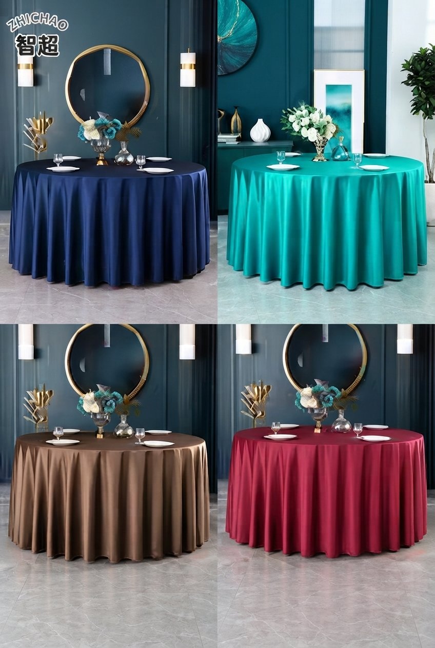 Round satin tablecloth in a solid neutral color on a dining table with a vase