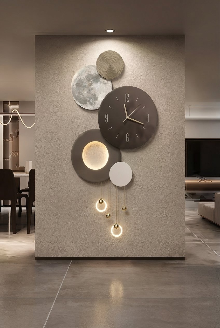 LED wall light with clock and 3D sandstone texture mounted in a luxury entrance hall