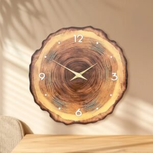 Round wooden wall clock with tree ring grain pattern on a dining room wall