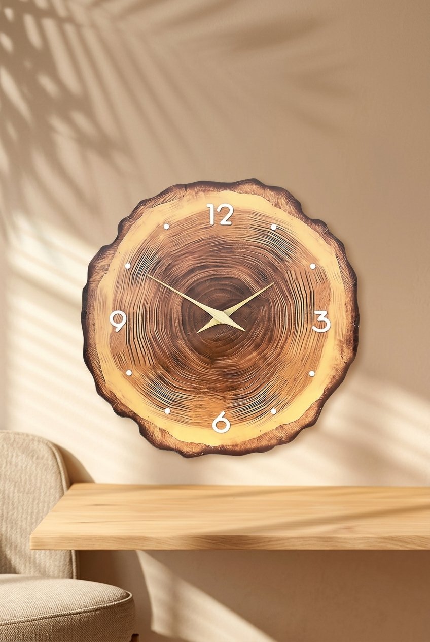 Round wooden wall clock with tree ring grain pattern on a dining room wall