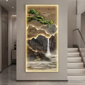 Waterfall landscape canvas wall art with pine trees in Chinese ink style above a dining room sideboard