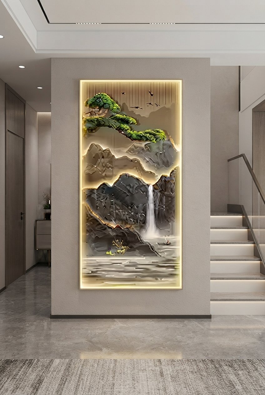 Waterfall landscape canvas wall art with pine trees in Chinese ink style above a dining room sideboard