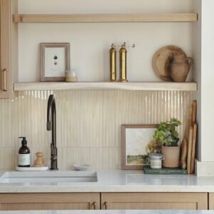 Wood grain peel and stick backsplash tiles on a kitchen wall