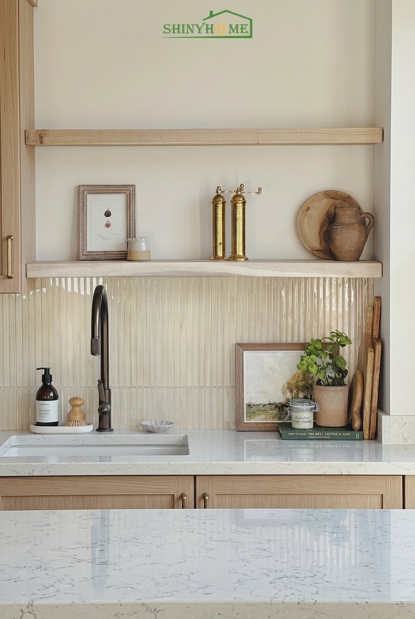 Wood grain peel and stick backsplash tiles on a kitchen wall