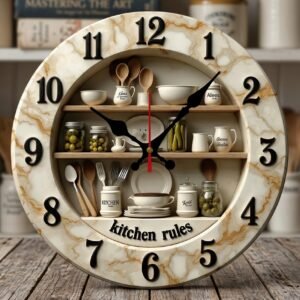 Round wooden kitchen wall clock with fun rules design