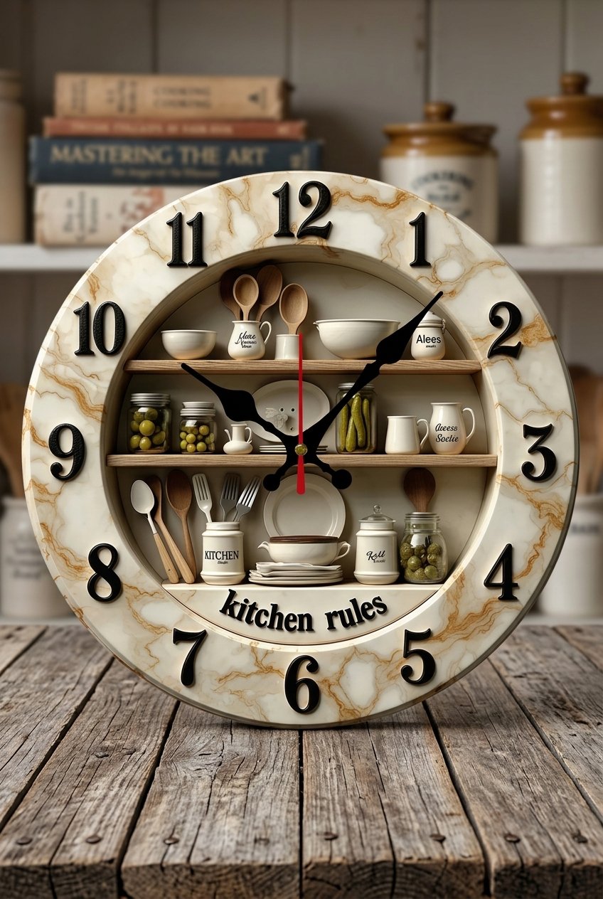 Round wooden kitchen wall clock with fun rules design